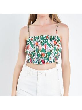 English Factory Floral Tropical Ruffle Hem Cropped Smocked Ruched Top